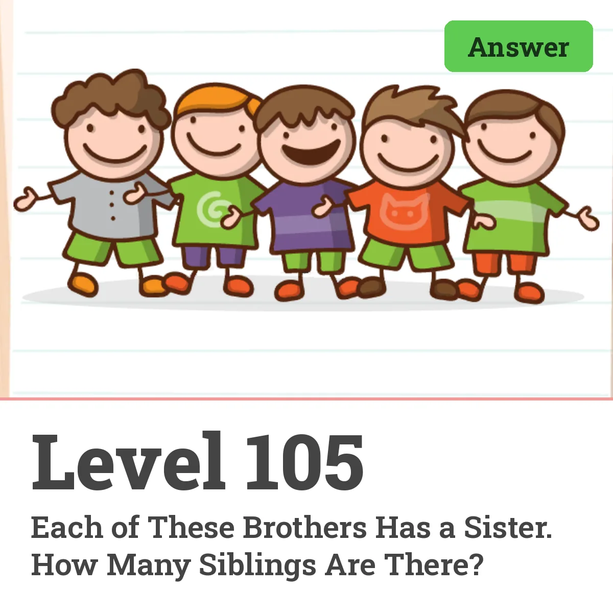 Brain Test: Tricky Puzzles Level 105 answer – Each of These Brothers Has a Sister. How Many Siblings Are There?