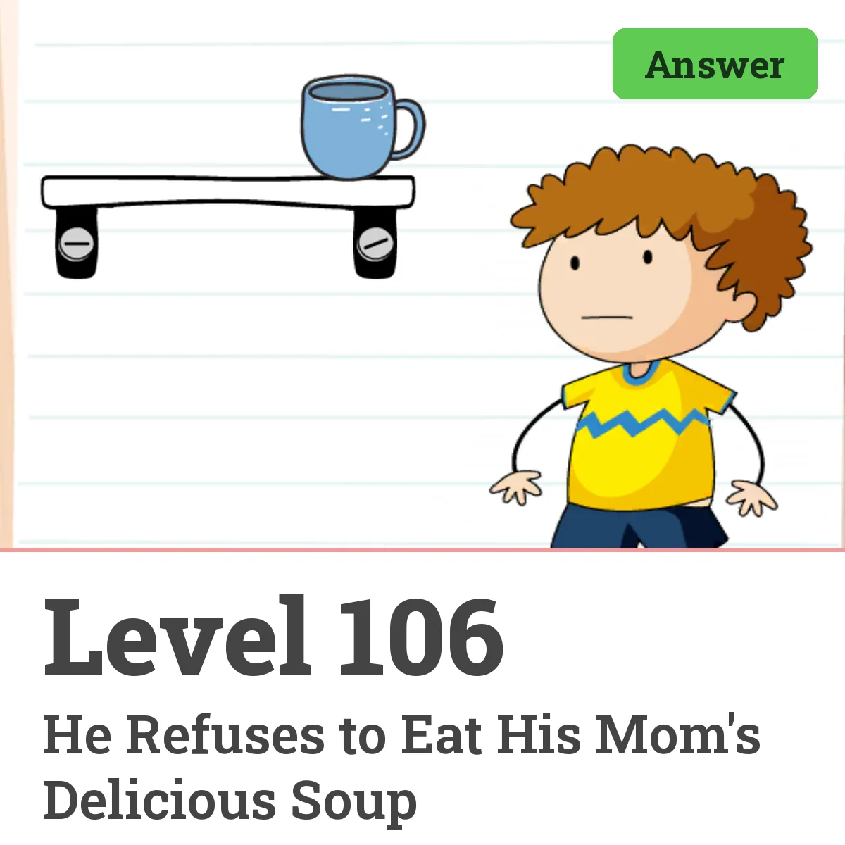 Brain Test: Tricky Puzzles Level 106 answer – He Refuses to Eat His Mom's Delicious Soup