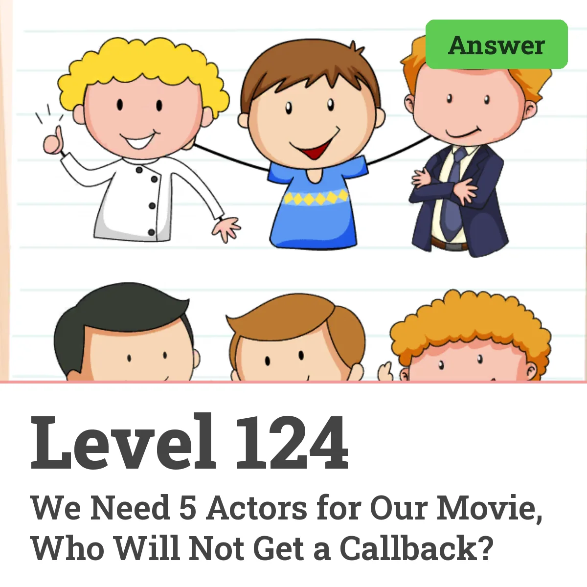 Brain Test: Tricky Puzzles Level 124 answer – We Need 5 Actors for Our Movie, Who Will Not Get a Callback?