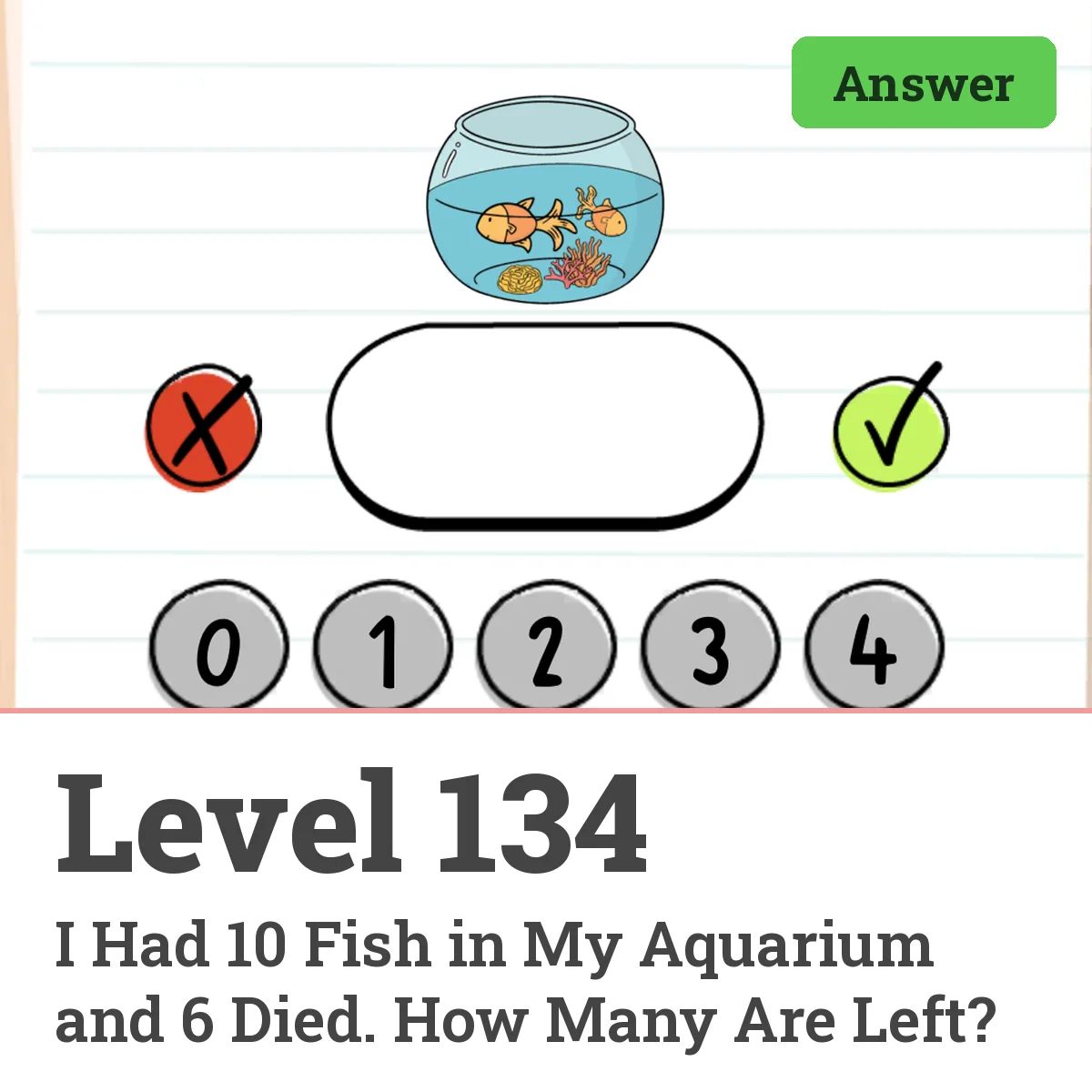 Brain Test: Tricky Puzzles Level 134 answer – I Had 10 Fish in My Aquarium and 6 Died. How Many Are Left?