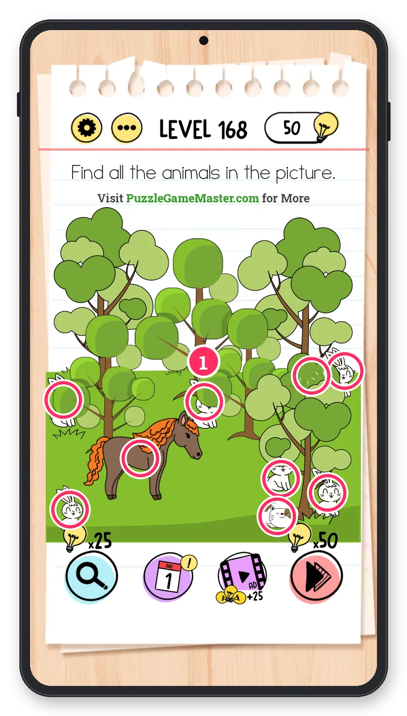 Brain Test: Tricky Puzzles Level 168 step 1: Tap the visible animals
