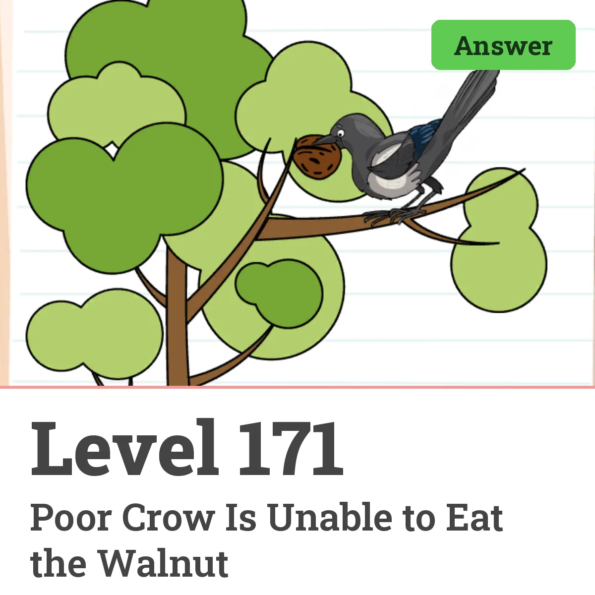 Brain Test: Tricky Puzzles Level 171 answer – Poor Crow Is Unable to Eat the Walnut