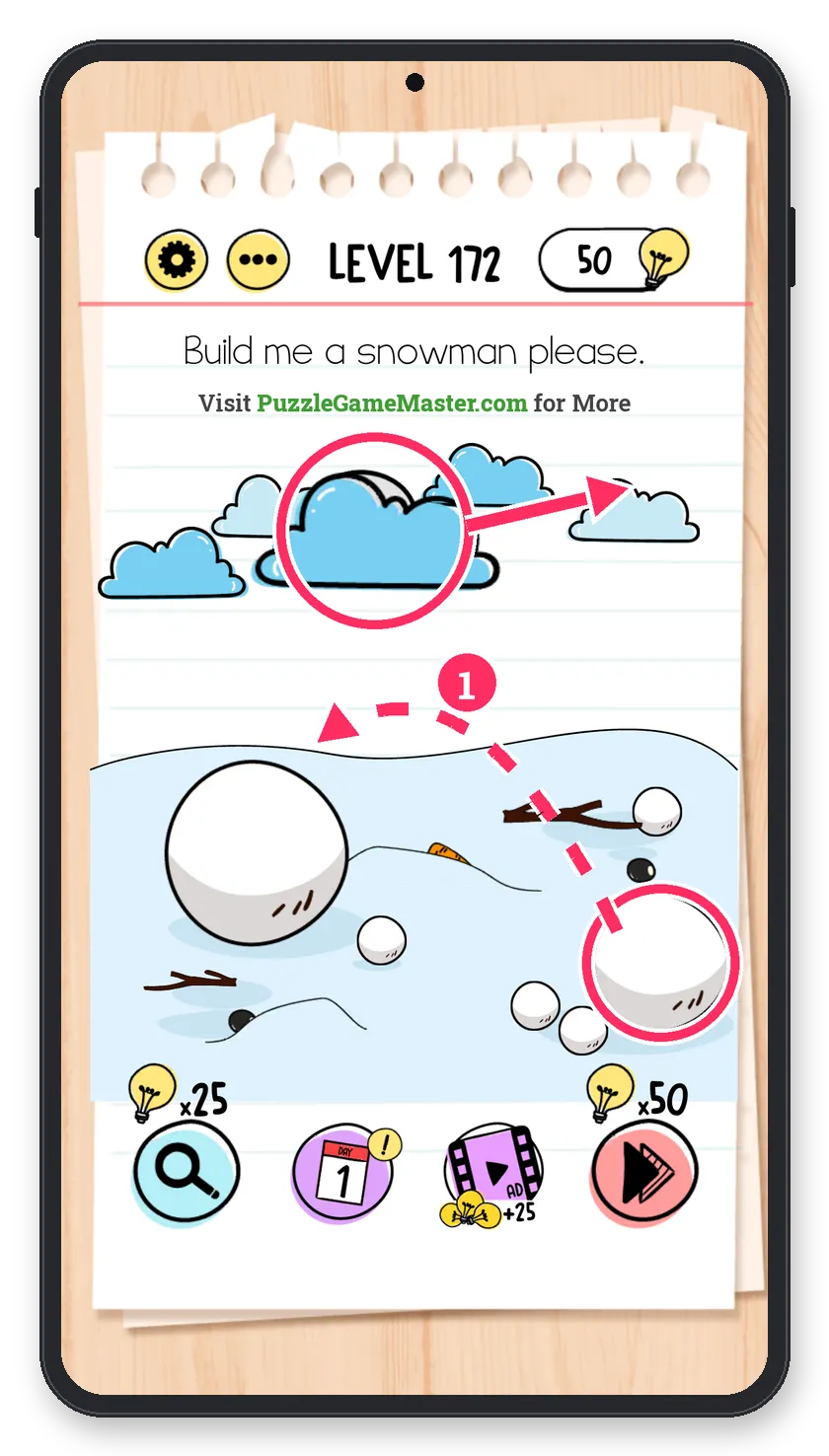 Brain Test: Tricky Puzzles Level 172 step 1: Stack the snowballs