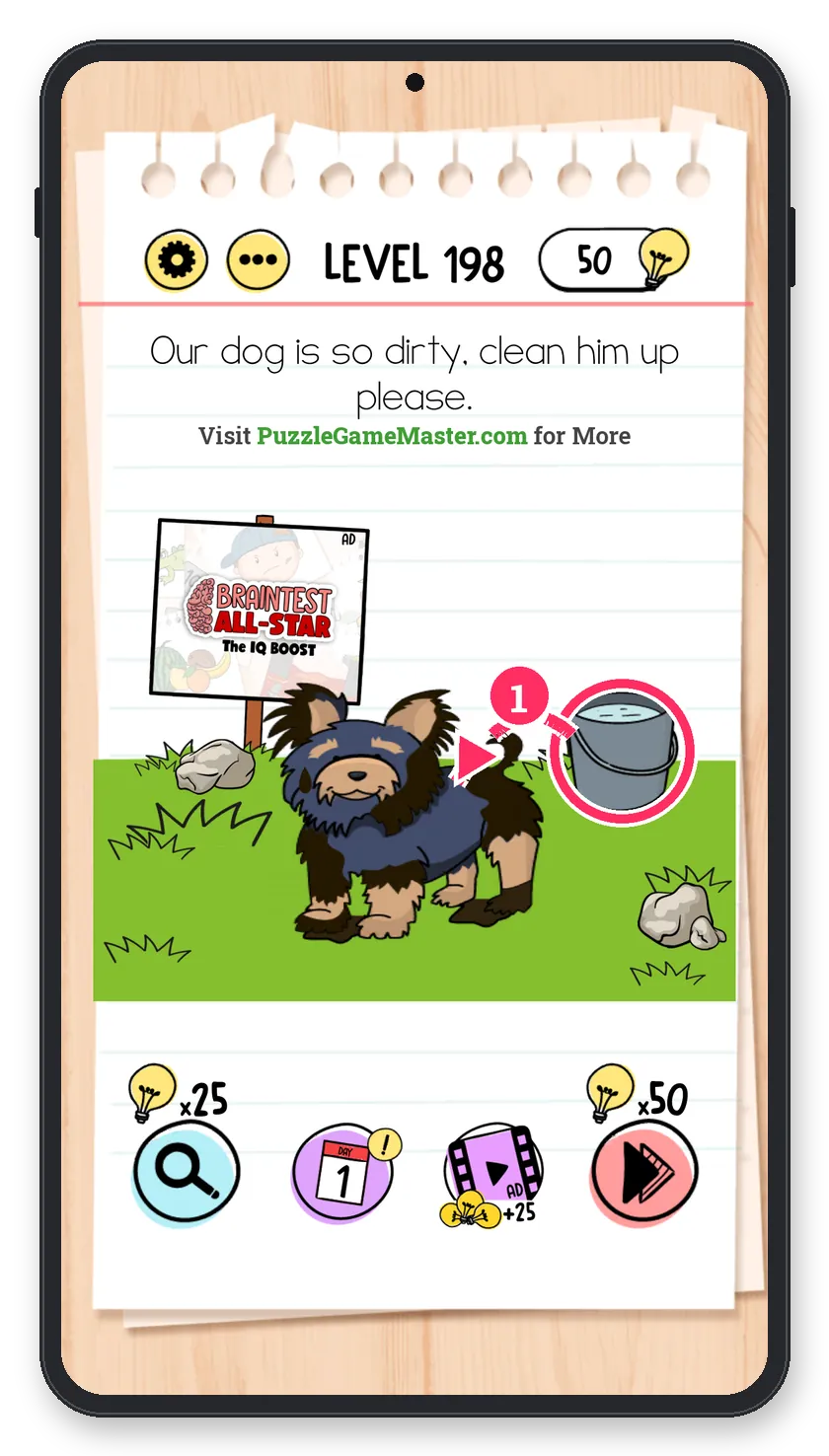 Brain Test: Tricky Puzzles Level 198 step 1: Wash him