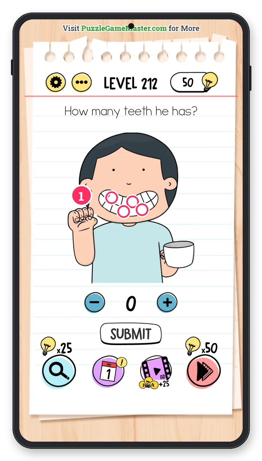 Brain Test: Tricky Puzzles Level 212 step 1: Knock out the fake teeth