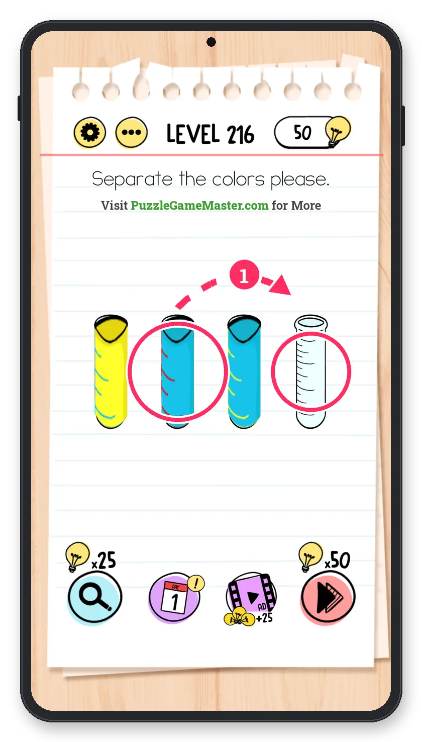 Brain Test: Tricky Puzzles Level 216 step 1: Pour the first blue