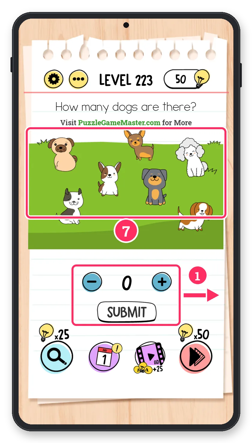Brain Test: Tricky Puzzles Level 223 step 1: Count the dogs