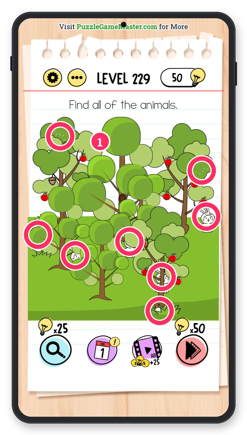 Brain Test: Tricky Puzzles Level 229 step 1: Tap the visible animals