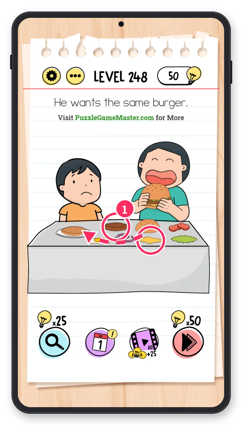 Brain Test: Tricky Puzzles Level 248 step 1: Cheese and meat
