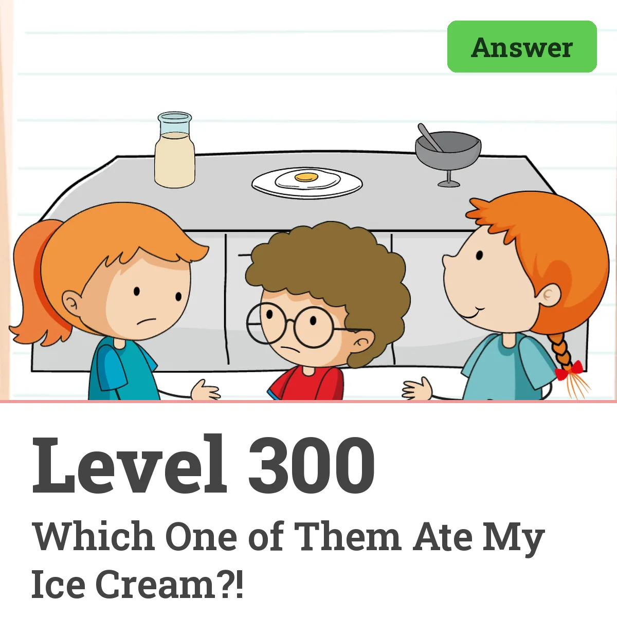 Brain Test: Tricky Puzzles Level 300 answer – Which One of Them Ate My Ice Cream?!