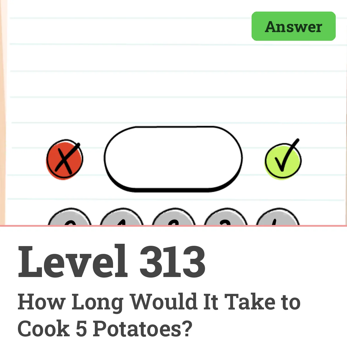 Brain Test: Tricky Puzzles Level 313 answer – How Long Would It Take to Cook 5 Potatoes?