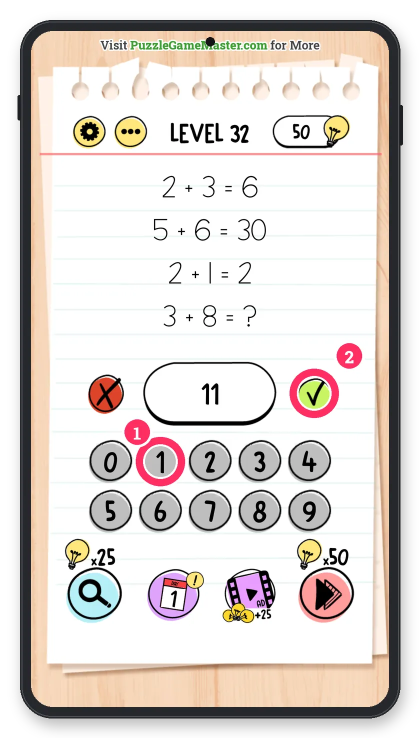 Brain Test: Tricky Puzzles Level 32 answer with steps marked