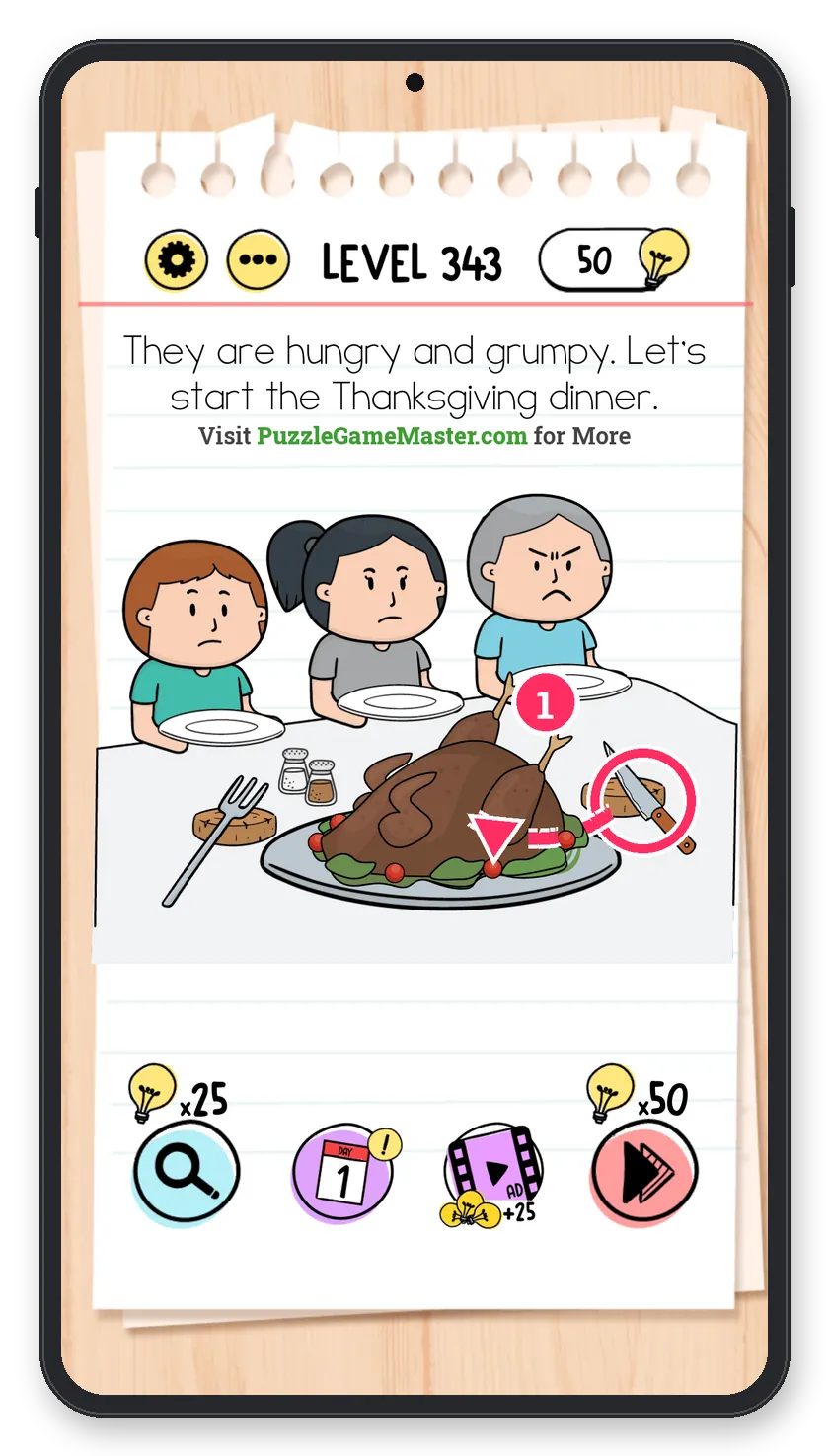 Brain Test: Tricky Puzzles Level 343 step 1: Carve the turkey