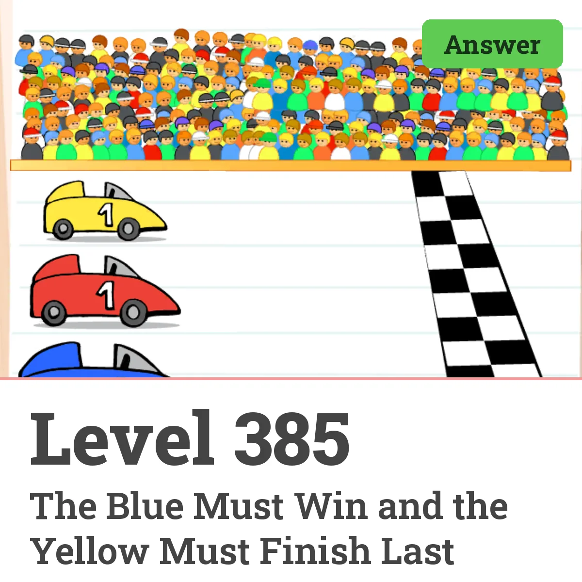 Brain Test: Tricky Puzzles Level 385 answer – The Blue Must Win and the Yellow Must Finish Last
