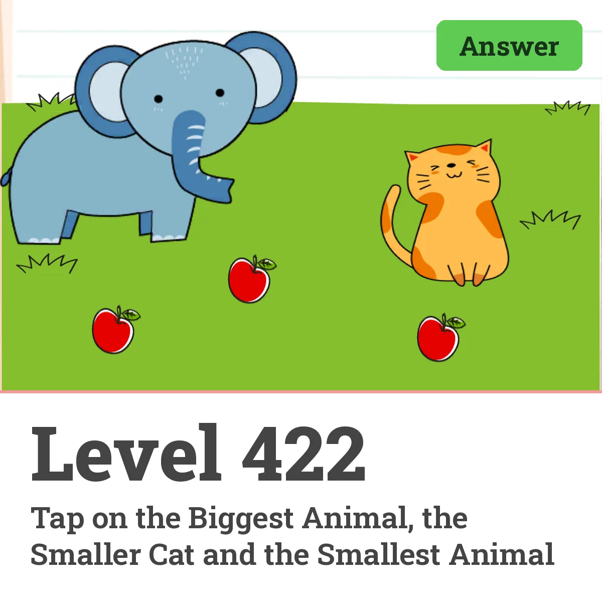 Brain Test: Tricky Puzzles Level 422 answer – Tap on the Biggest Animal, the Smaller Cat and the Smallest Animal