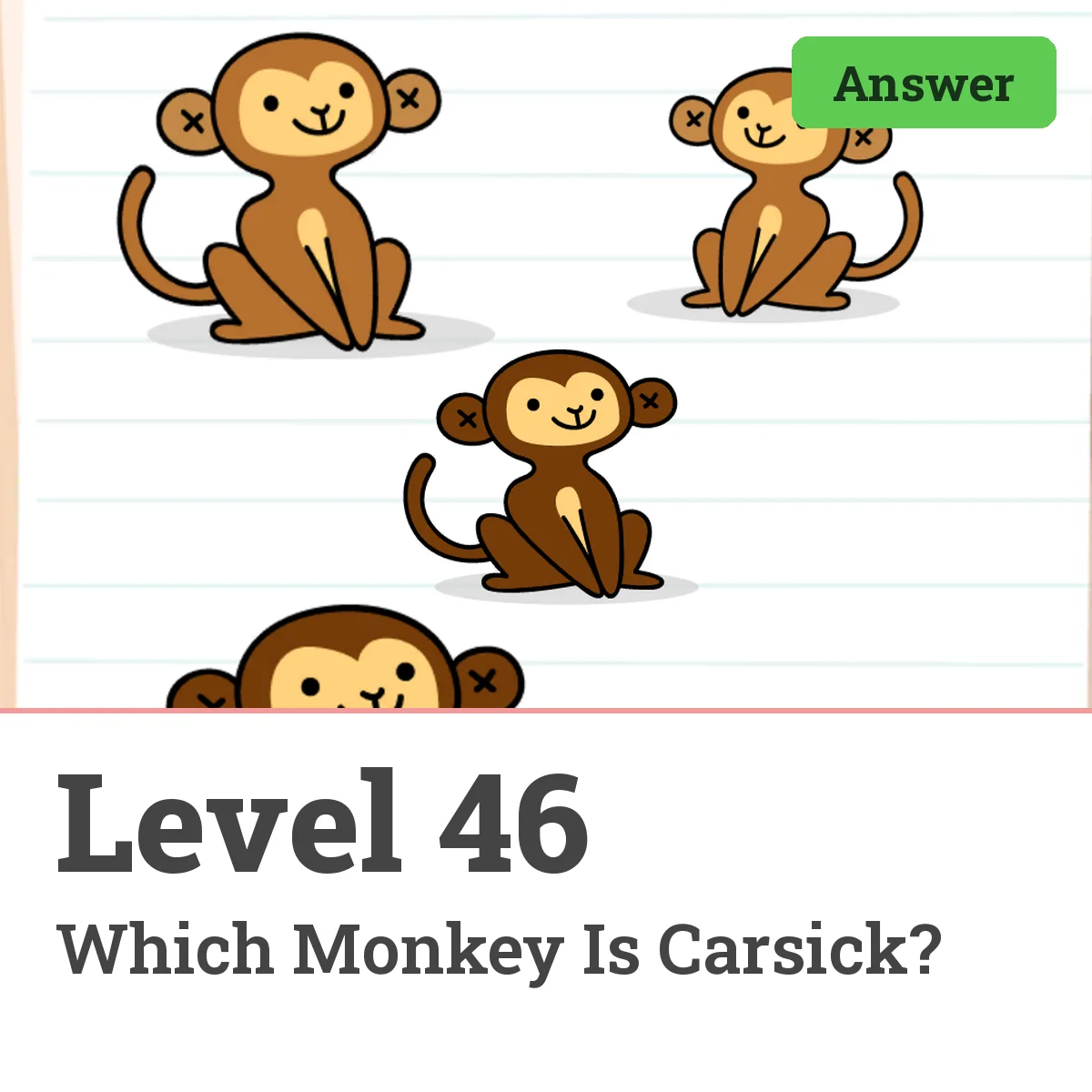 Brain Test: Tricky Puzzles Level 46 answer – Which Monkey Is Carsick?