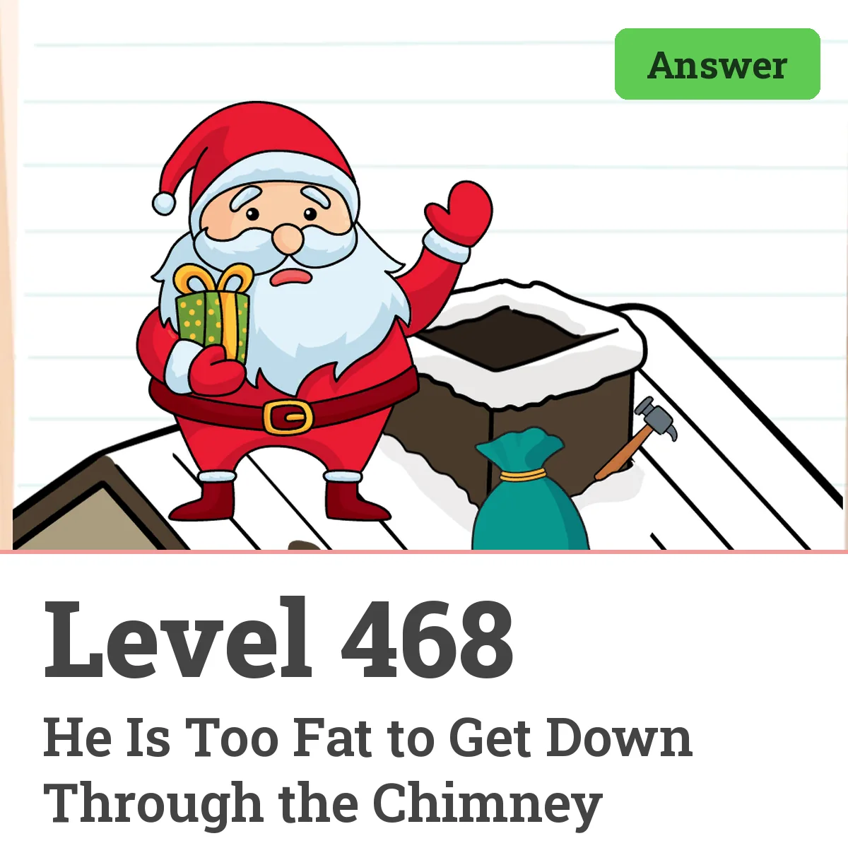 Brain Test: Tricky Puzzles Level 468 answer – He Is Too Fat to Get Down Through the Chimney