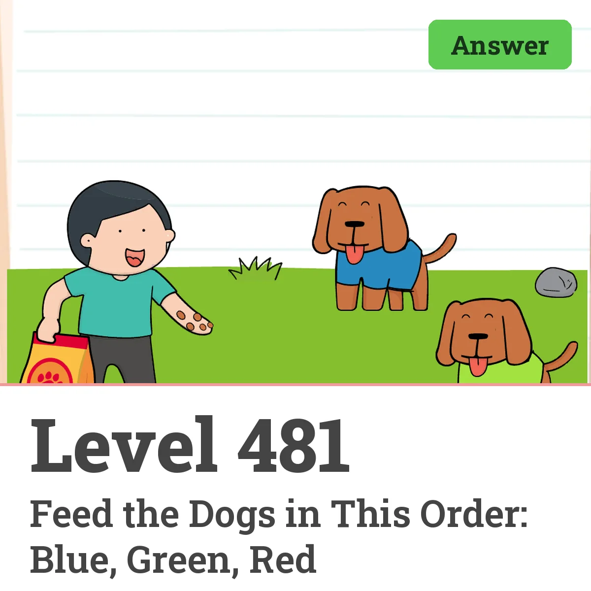 Brain Test: Tricky Puzzles Level 481 answer – Feed the Dogs in This Order: Blue, Green, Red