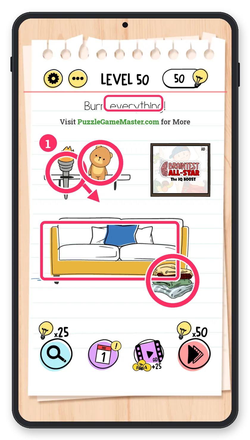 Brain Test: Tricky Puzzles Level 50 answer with steps marked