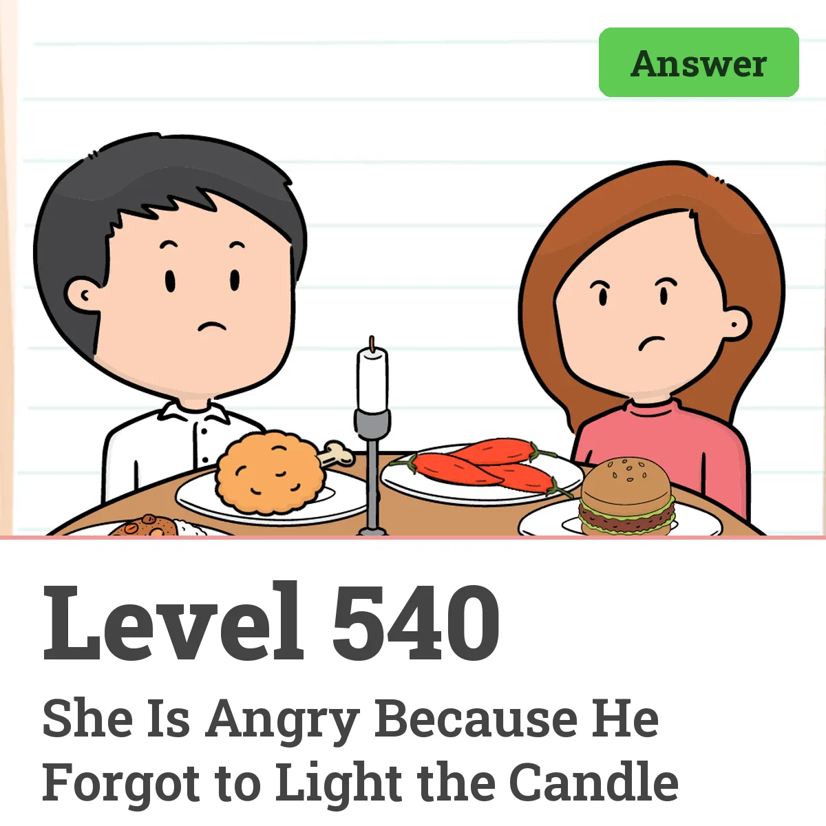 Brain Test: Tricky Puzzles Level 540 answer – She Is Angry Because He Forgot to Light the Candle