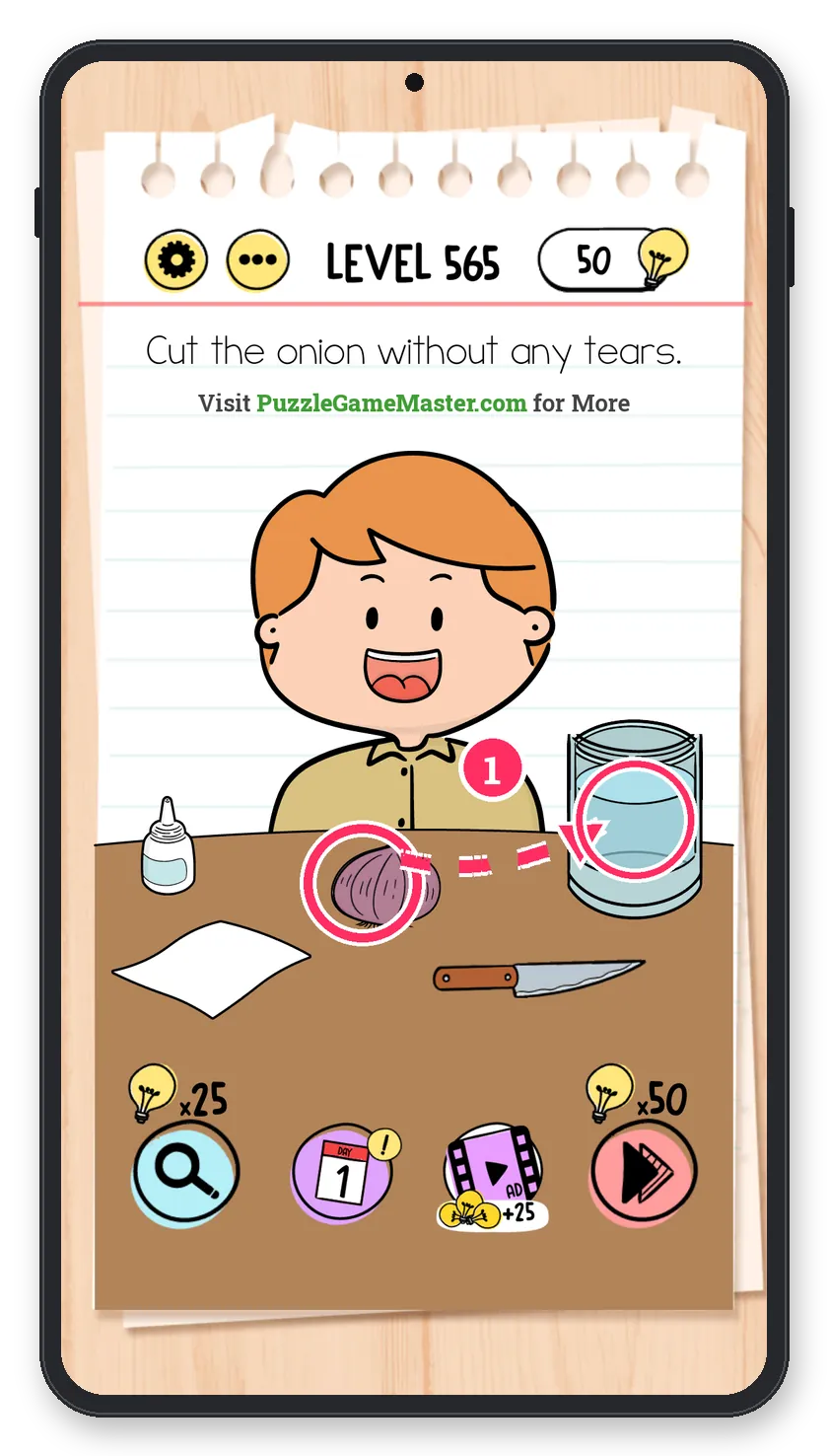 Brain Test: Tricky Puzzles Level 565 step 1: Wet the onion