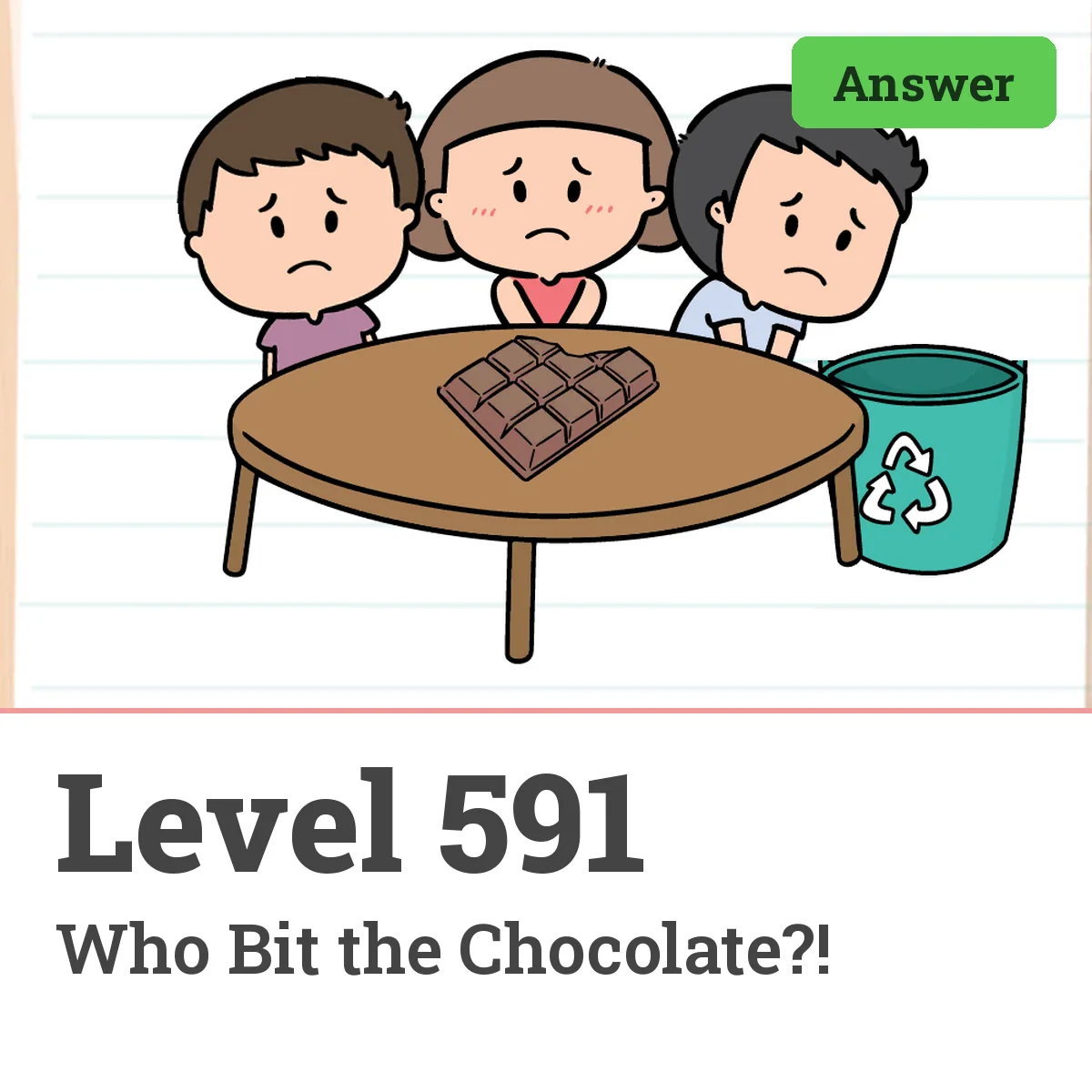 Brain Test: Tricky Puzzles Level 591 answer – Who Bit the Chocolate?!