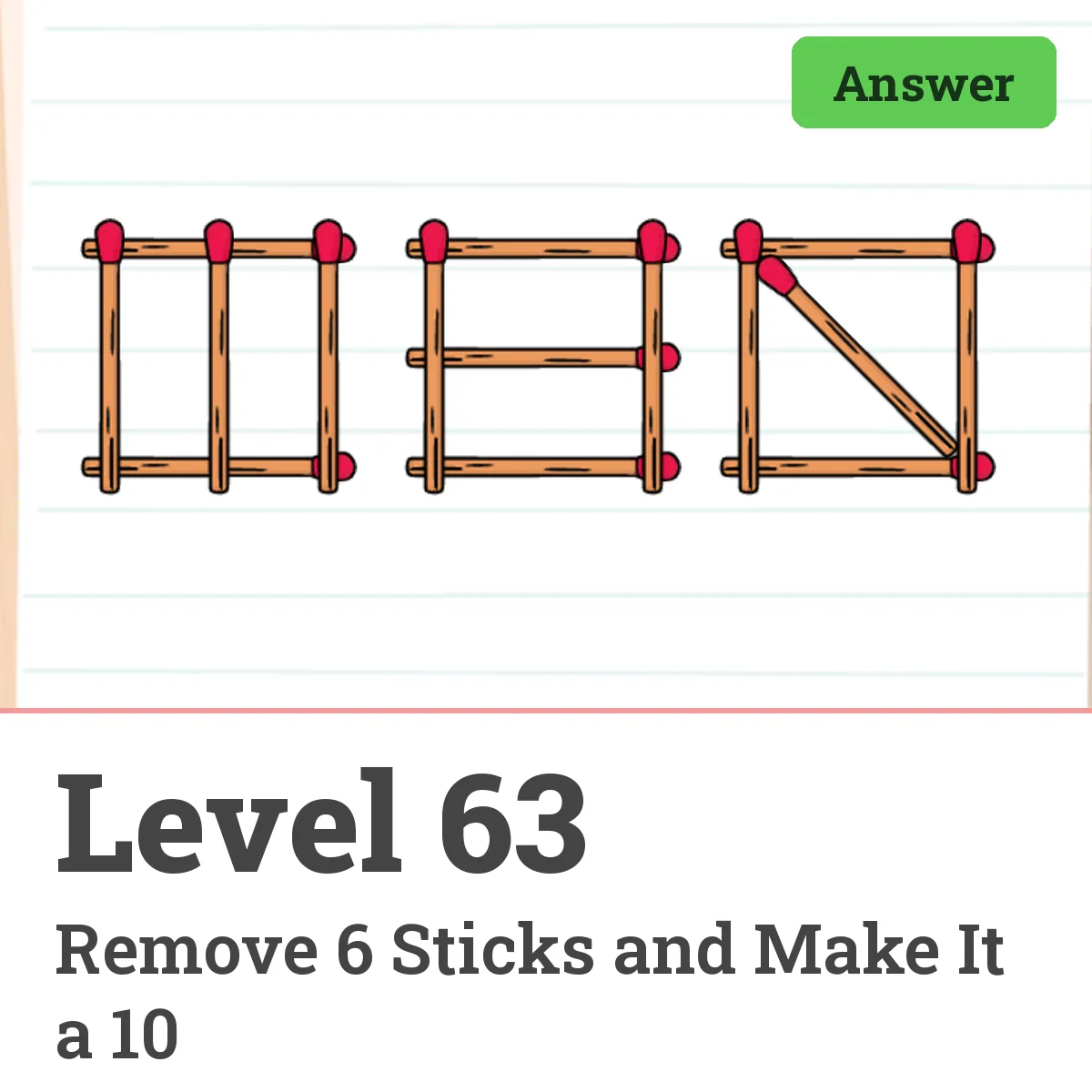 Brain Test: Tricky Puzzles Level 63 answer – Remove 6 Sticks and Make It a 10