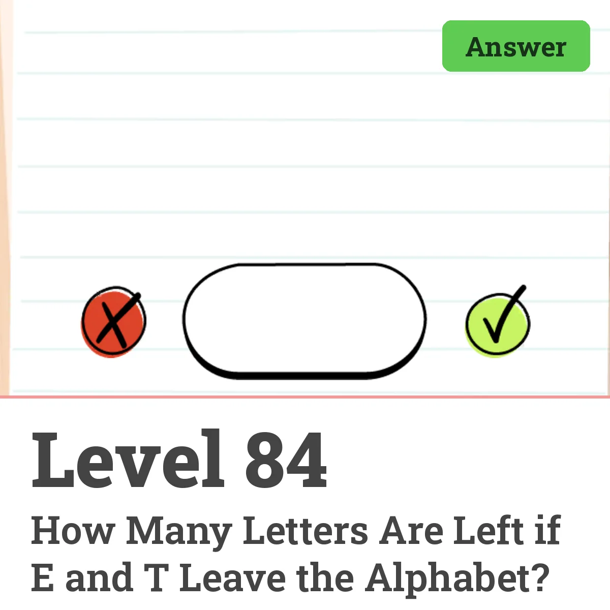 Brain Test: Tricky Puzzles Level 84 answer – How Many Letters Are Left if E and T Leave the Alphabet?